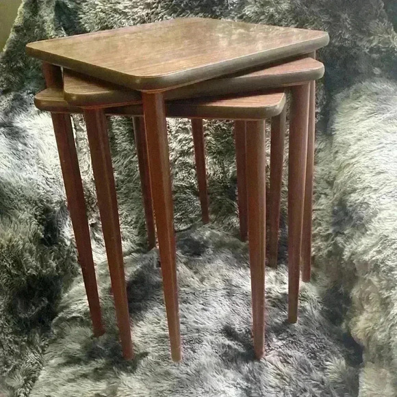 Set of  3 Mid Century Danish Modern Wood Formica Stacking Nesting
Tables - Picture 8 of 16